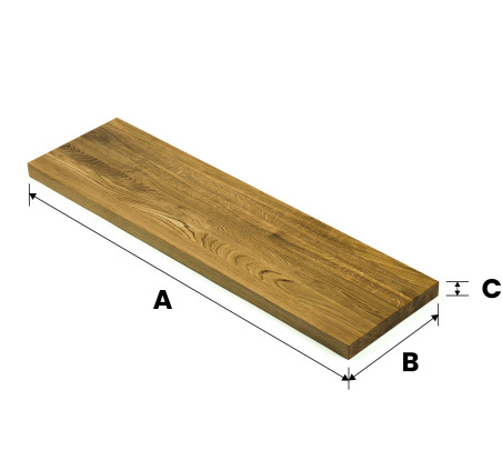 Rysunek poglądowy wymiarów: A to długość, B to szerokość, C to grubość.
